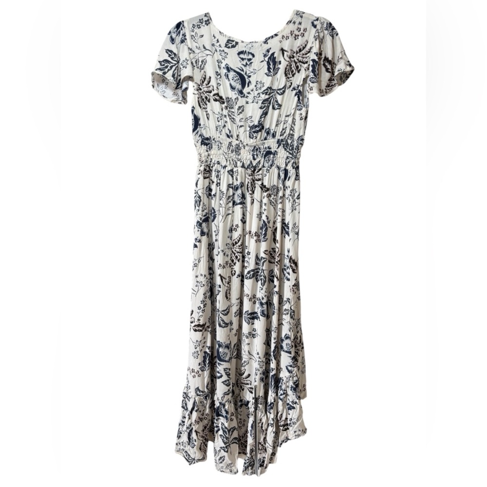 Vintage Y2K Cream Blue Botanical Floral High Low Cottagecore Dress S Prairie - Picture 2 of 12